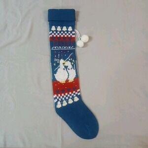 Vtg Knit Christmas Stocking Blue Country Geese Retro Sweater Yarn Crochet READ